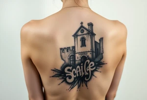 Vele di Scampia ruined and covered in graffiti, large tattoo, lower back area tattoo idea