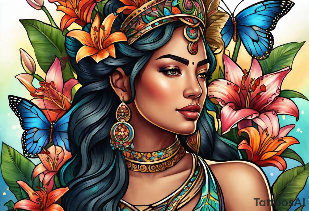 Forward-facing, portrait full length of Hispanic creation goddess standing upright.  Butterflies in background. Lillies near her feet with colorful vegetation. tattoo idea
