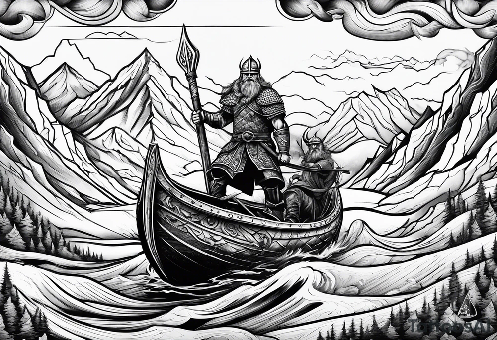 Viking in a boat flying over mountains tattoo idea