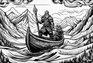 Viking in a boat flying over mountains tattoo idea