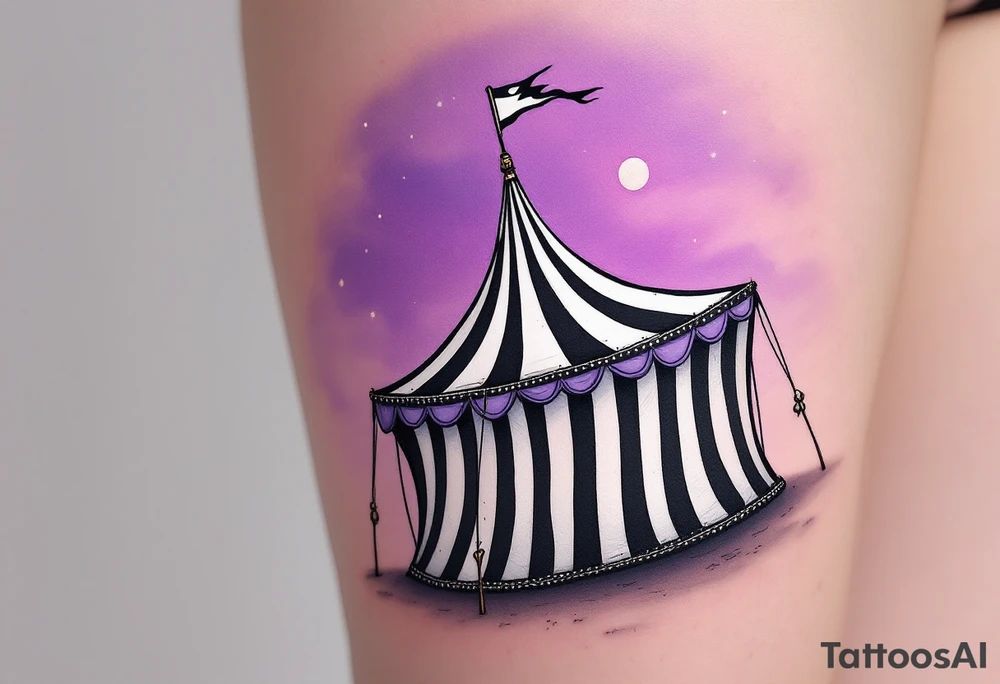 Tim Burton’s circus tent tilts under a violet sky, its black-and-white stripes dripping into the ground. tattoo idea