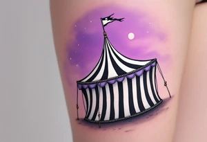 Tim Burton’s circus tent tilts under a violet sky, its black-and-white stripes dripping into the ground. tattoo idea