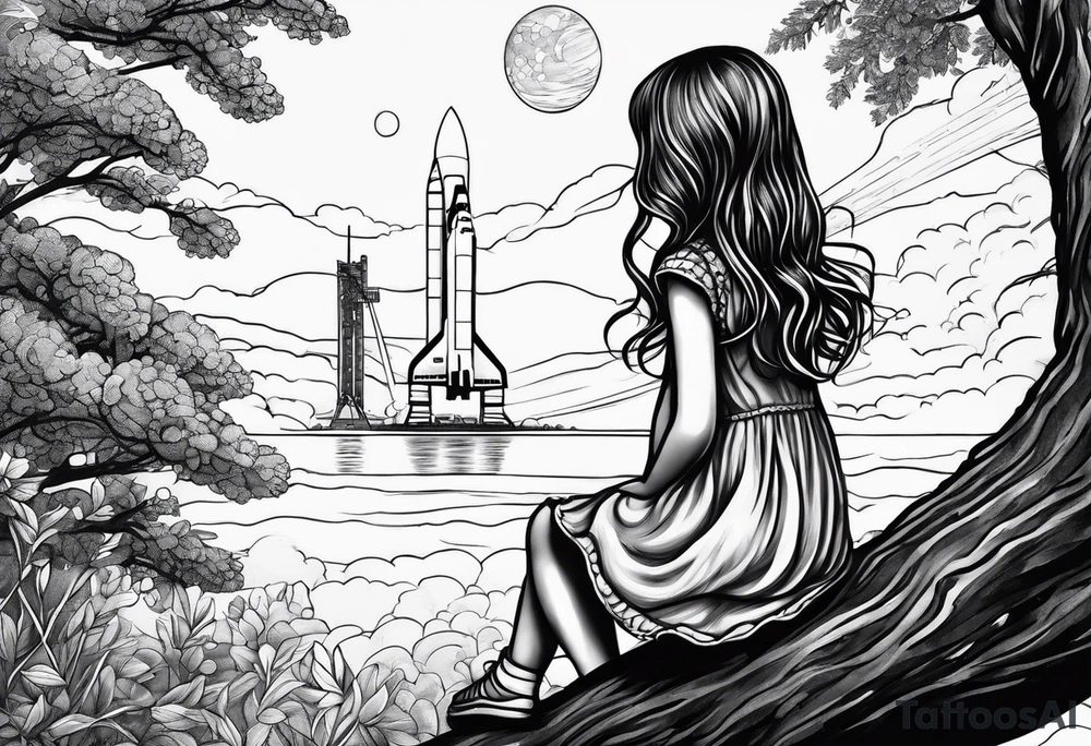 back of small girl in dress with long hair sitting on a tree branch watching a space shuttle launch in the distance tattoo idea