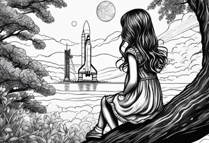 back of small girl in dress with long hair sitting on a tree branch watching a space shuttle launch in the distance tattoo idea