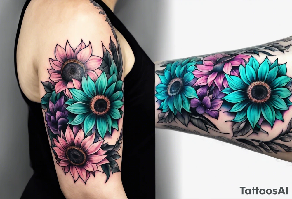 Teal, pink and purple sunflower sleeve tattoo idea