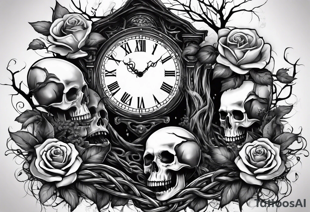 tattoo fool sleeve, tree roots break out of the chains, broken mask, clock with flying numbers, girl and skull, roses tattoo idea