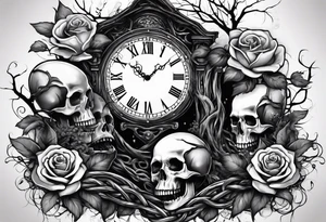 tattoo fool sleeve, tree roots break out of the chains, broken mask, clock with flying numbers, girl and skull, roses tattoo idea