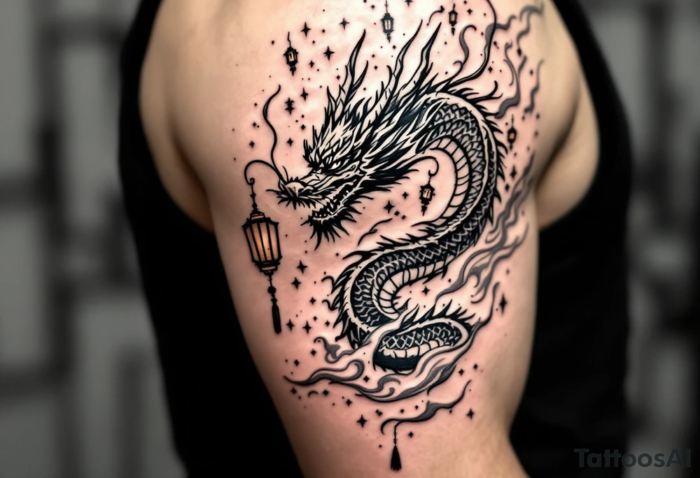 Chinese dragon flying towards the sky surrounded by chinese lanterns tattoo idea