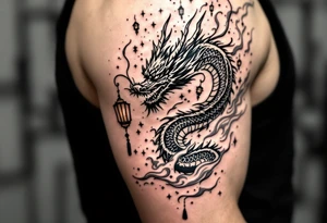 Chinese dragon flying towards the sky surrounded by chinese lanterns tattoo idea