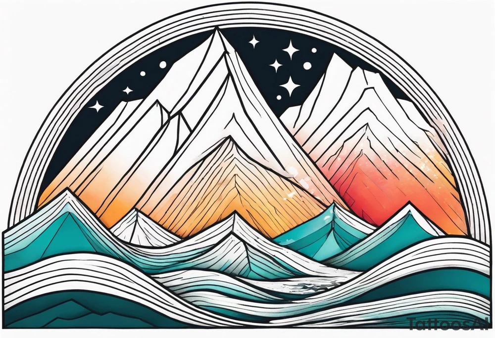 Mountain Massif, one Peak, only peak surrounded woth semi circle dashed Line, in semi circle two littel fine Stars, waves overlapping in Side, Open geometrical Forms Like Diamond with Open lines tattoo idea