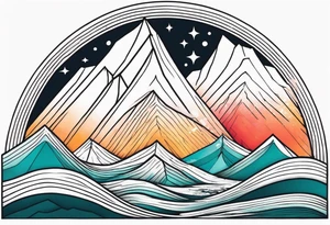 Mountain Massif, one Peak, only peak surrounded woth semi circle dashed Line, in semi circle two littel fine Stars, waves overlapping in Side, Open geometrical Forms Like Diamond with Open lines tattoo idea