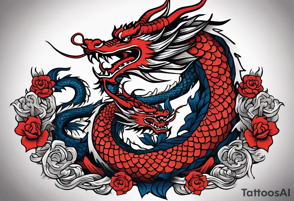 Asian dragon coiling around an anchor with the Korean flag in the background tattoo idea