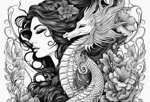 Mermaid face and half body looking at seahorse both on side profile. Trident near hair, horns coming from head. Flowers and reeds, tattoos on skin, big lips and eyes tattoo idea