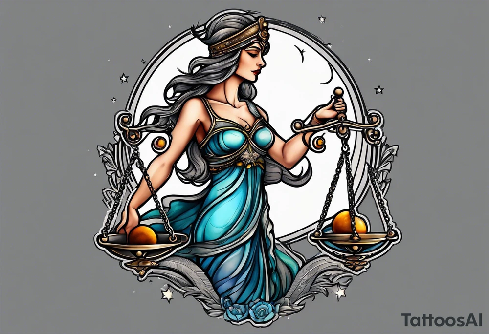 Themis holding the scales of justice while blindfolded with a moon in the background in color tattoo idea