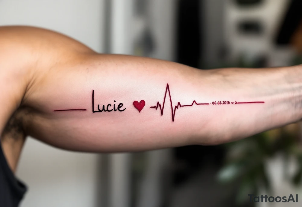 Delicate heartbeat line ending in "Lucie – 06.08.2016 v 2:22" in wine red ink. tattoo idea