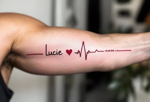 Delicate heartbeat line ending in "Lucie – 06.08.2016 v 2:22" in wine red ink. tattoo idea