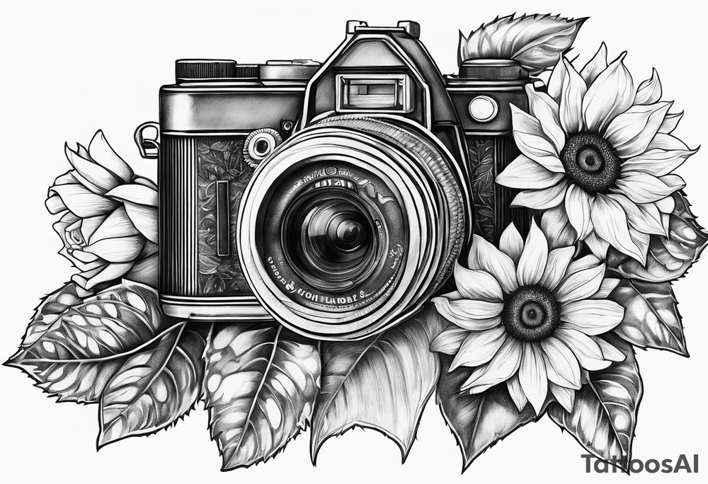sunflower, camera, flower rose , book tattoo idea