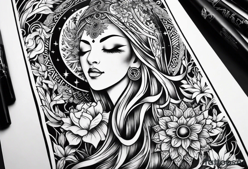 spiritual feminine tattoo for sleeve without faces, just sun and moon, tree of life and powerful symbols 24 feet tall by 4 inches wide tattoo idea