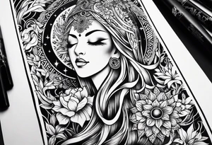 spiritual feminine tattoo for sleeve without faces, just sun and moon, tree of life and powerful symbols 24 feet tall by 4 inches wide tattoo idea