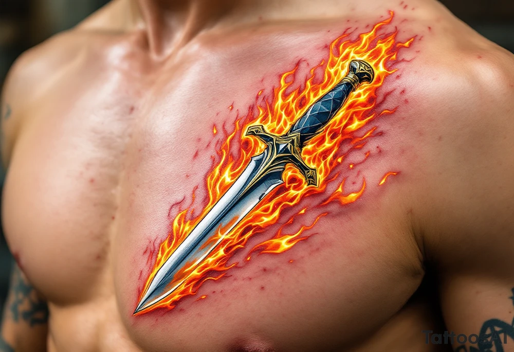 Dagger in Fire – A dagger engulfed in flames of orange, yellow, and red, with the blade in polished steel contrasting against the fiery background. The flames are vivid, wrapping around the dagger in a dynamic motion. tattoo idea