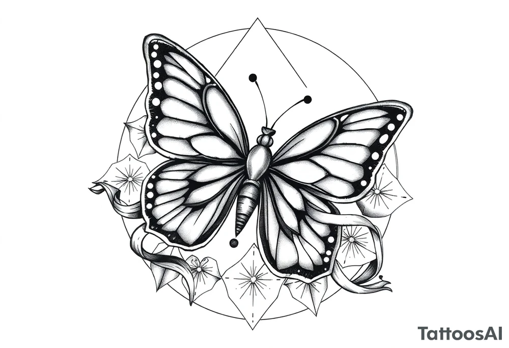 ethereal butterfly with flowing silk ribbons in geometric mandala tattoo idea