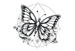 ethereal butterfly with flowing silk ribbons in geometric mandala tattoo idea