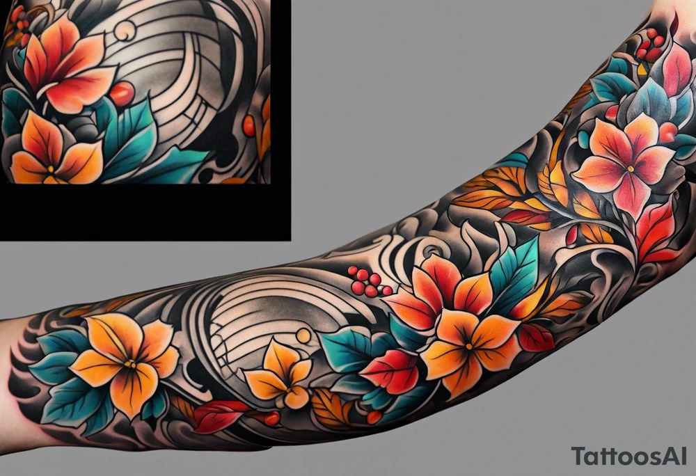 Arm Sleeve Tattoo with fall colors flat tattoo idea