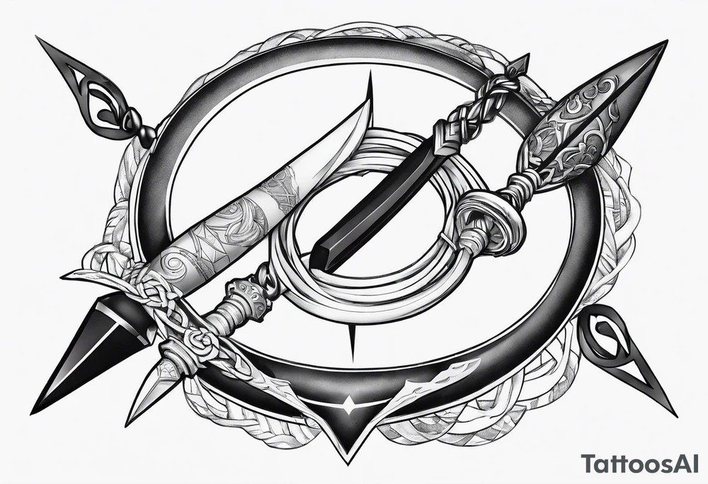 A kunai from Naruto with two bells around the ring tattoo idea A kunai from Naruto with two bells around the ring tattoo idea