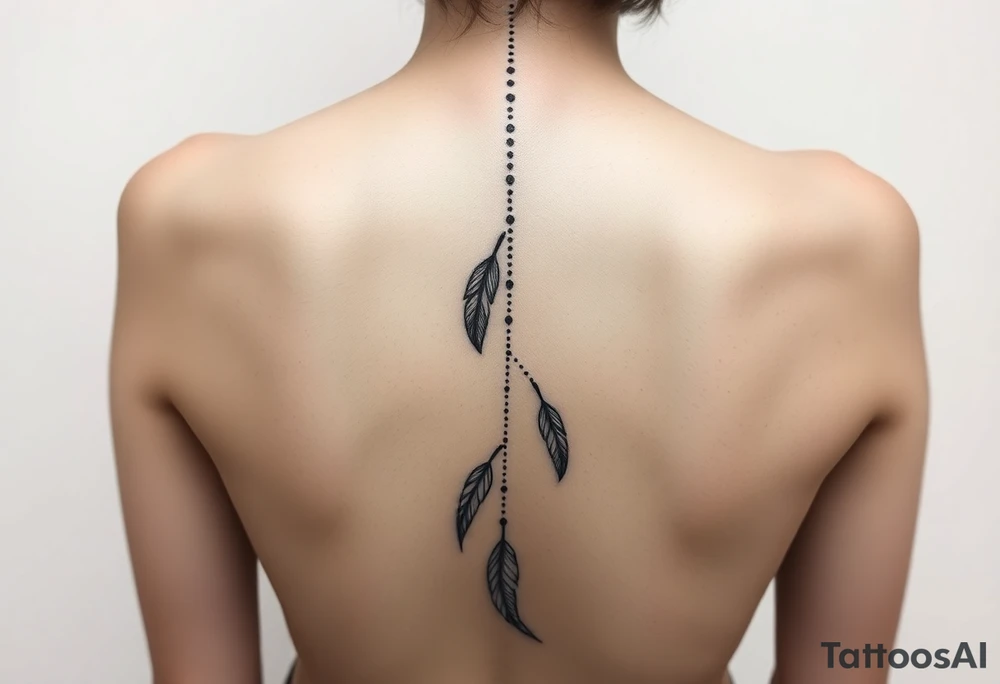 Thin spinal tattoo following down the spine in a native style with multiple different lengths flowing lines made of a discreet connection of morse code ".--- .- --.     .-.. ... -.- .- .-.   -.. .. --.     .-.. .. .-.. .-.. . -... .-. --- .-. connected to flowing feathers tattoo idea