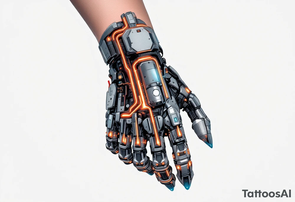 A high-tech cybernetic hand with transparent panels revealing glowing orange hydraulic lines and microchips embedded in titanium bones. tattoo idea