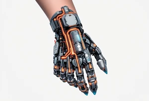 A high-tech cybernetic hand with transparent panels revealing glowing orange hydraulic lines and microchips embedded in titanium bones. tattoo idea