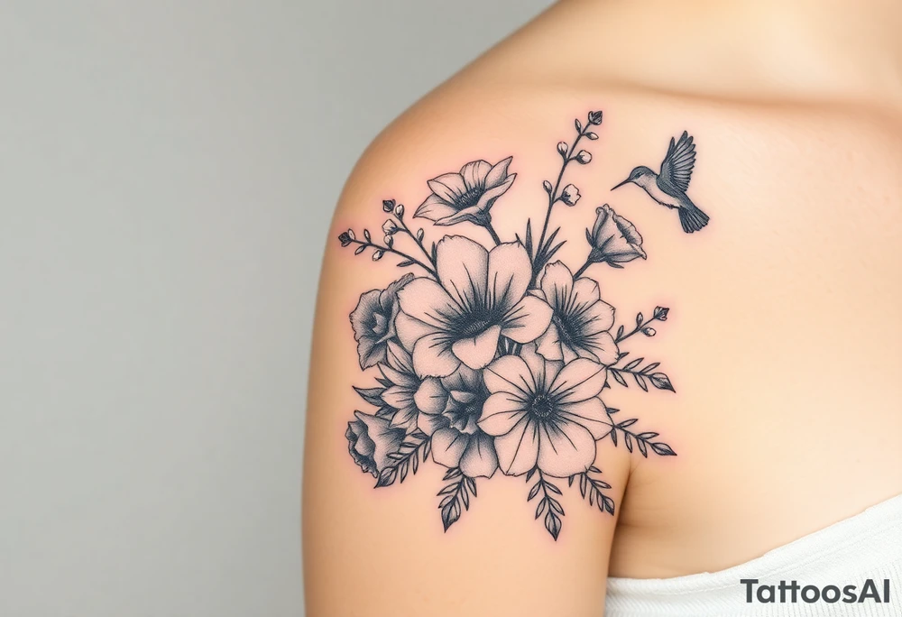 Can you create an image of a tattoo that will go on my upper arm including the following floral arrangement done very light handed and with soft lines- 1 large violet, 1 large carnation, 1 large lily of the valley, 1 large narcicuss, 1 medium carnation, 1 medium violet, 1 small dafodil, 2 small water lillies, and 1 small chrysanthemum. Add a small hummingbird drinking out of the large narcicuss. I want it on my upper right arm on the outside but slightly wrapping around the outer arm. I would like some greenery to fill in spaces as well. Make it large enough to fill my upper arm. I want the flowers to have dramatic and realistic shading. Make the tattoo more vertical than horizontal and put it on a female's arm with medium tan skin. tattoo idea
