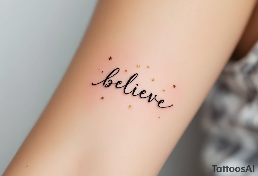 A minimalist "Believe" in black ink, with small stars in gold scattered across, symbolizing faith in one's dreams. tattoo idea