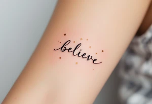 A minimalist "Believe" in black ink, with small stars in gold scattered across, symbolizing faith in one's dreams. tattoo idea
