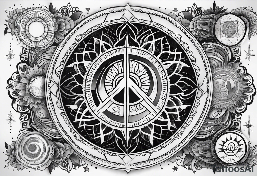 Arm sleeve tattoo with spiritual symbols, sun and moon, 7 chakras, peace symbol and strength that is a mixture of the divine feminine and masculine tattoo idea