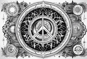 Arm sleeve tattoo with spiritual symbols, sun and moon, 7 chakras, peace symbol and strength that is a mixture of the divine feminine and masculine tattoo idea