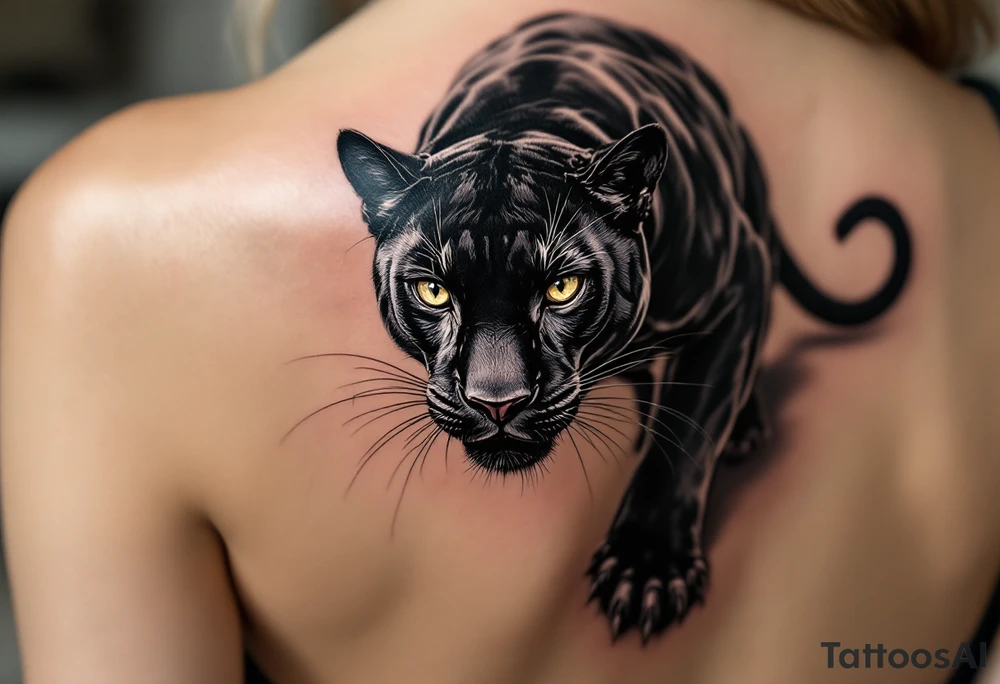 A majestic realistic black panther mid-pounce, with glossy fur in deep obsidian and charcoal highlights, casting a shadow on the skin. tattoo idea