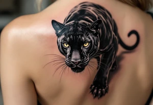 A majestic realistic black panther mid-pounce, with glossy fur in deep obsidian and charcoal highlights, casting a shadow on the skin. tattoo idea