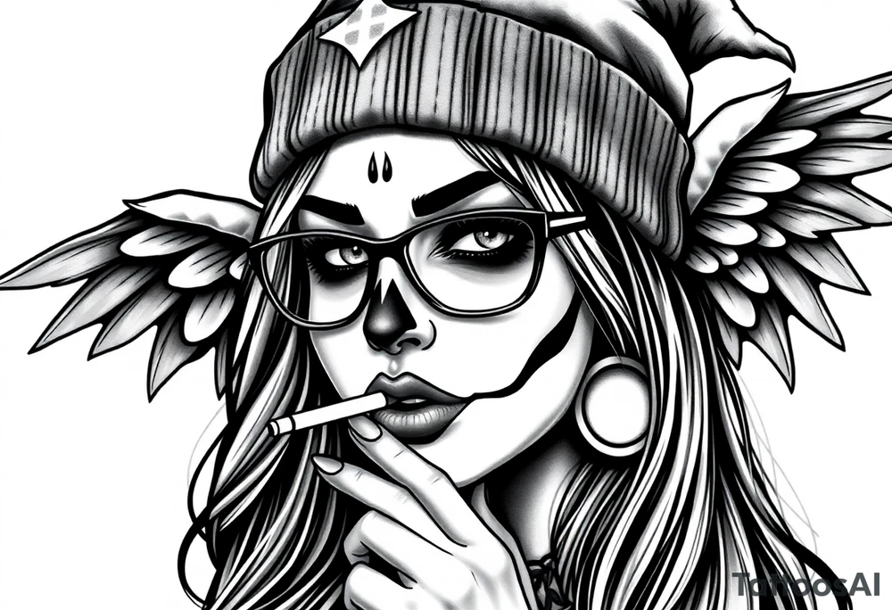 Chicana BBL sexy chunky plus size beautiful long hair clown makeup angel wings thug beanie eyeglasses smoking a cigarette tattoo idea