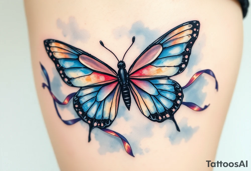 ethereal butterfly with flowing silk ribbons in moonlight tattoo idea