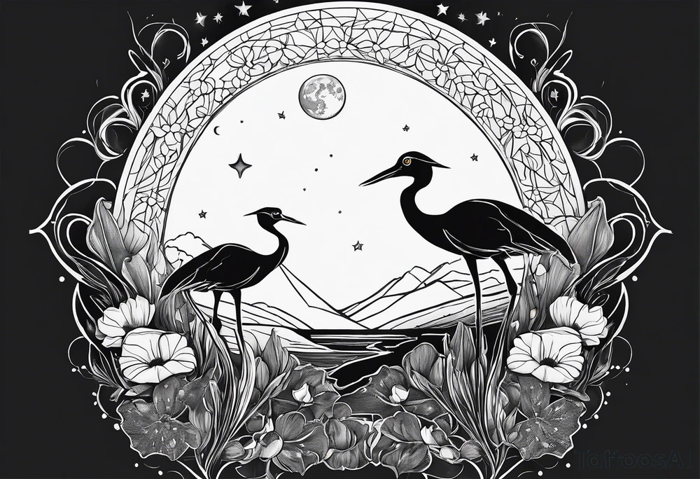 outline, fine line, stars, moon, poppy tattoo idea