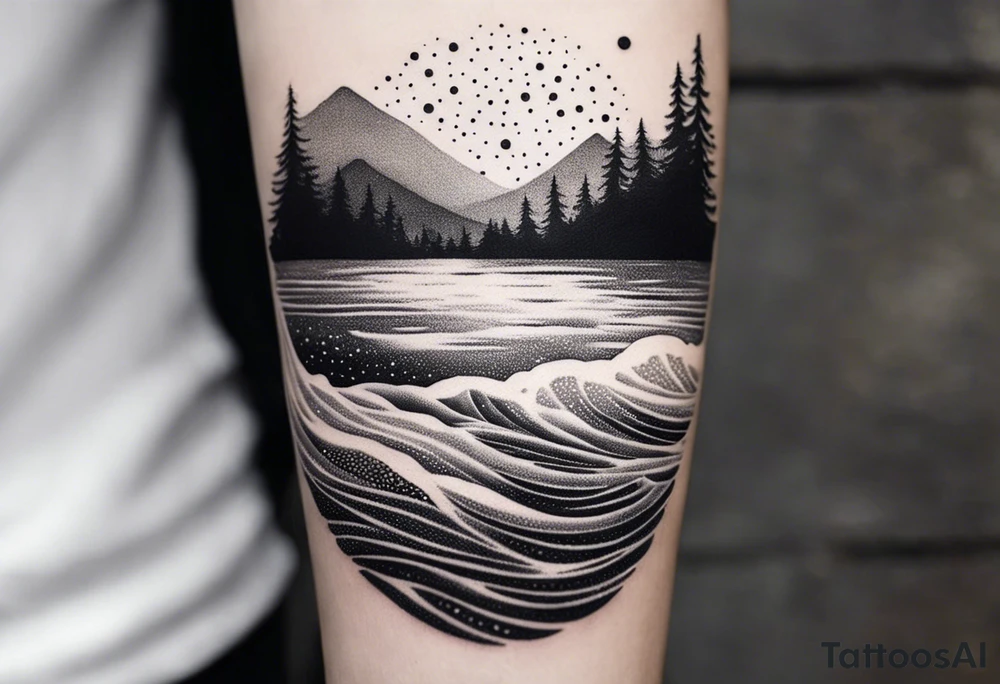 A river that becomes a beach with big waves tattoo idea