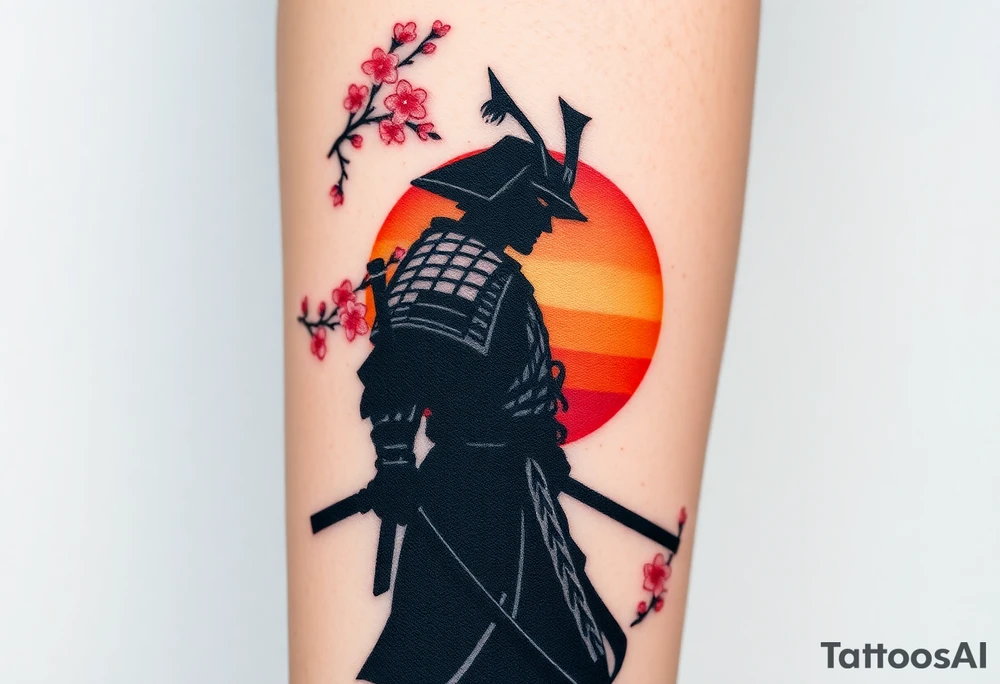 noble samurai warrior silhouette at sunset with cherry blossoms tattoo idea