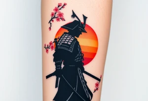 noble samurai warrior silhouette at sunset with cherry blossoms tattoo idea