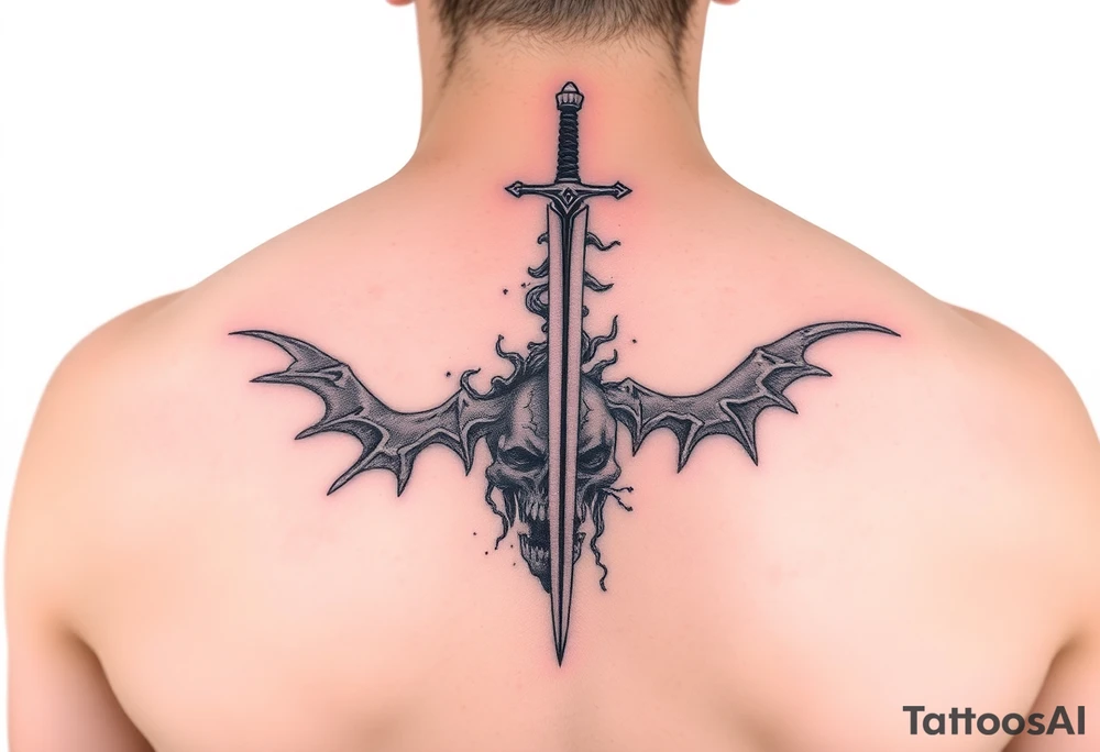 Fear god on left side only with the pain I’ve been feeling does not compare to the joy that’s coming down spine with a little sword at top tattoo idea