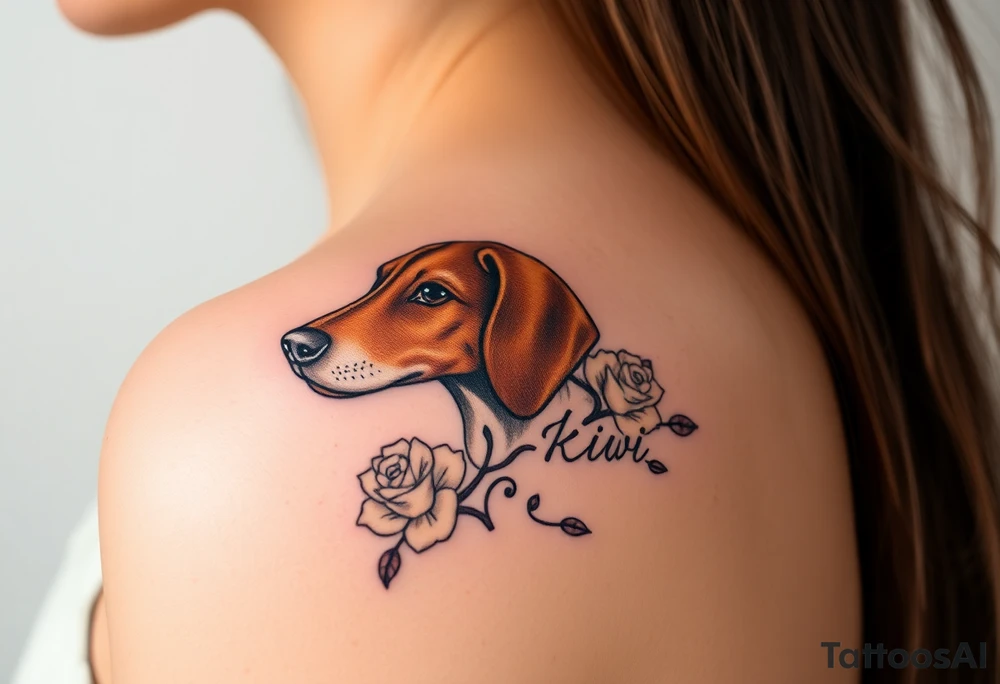 female  hound dog brown  Brindle with white strip going up snout   Slightly off center dog with the name kiwi . And a tiny rose around her . With her ears pointy a little big tattoo idea