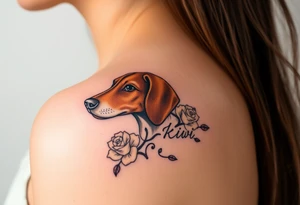 female  hound dog brown  Brindle with white strip going up snout   Slightly off center dog with the name kiwi . And a tiny rose around her . With her ears pointy a little big tattoo idea