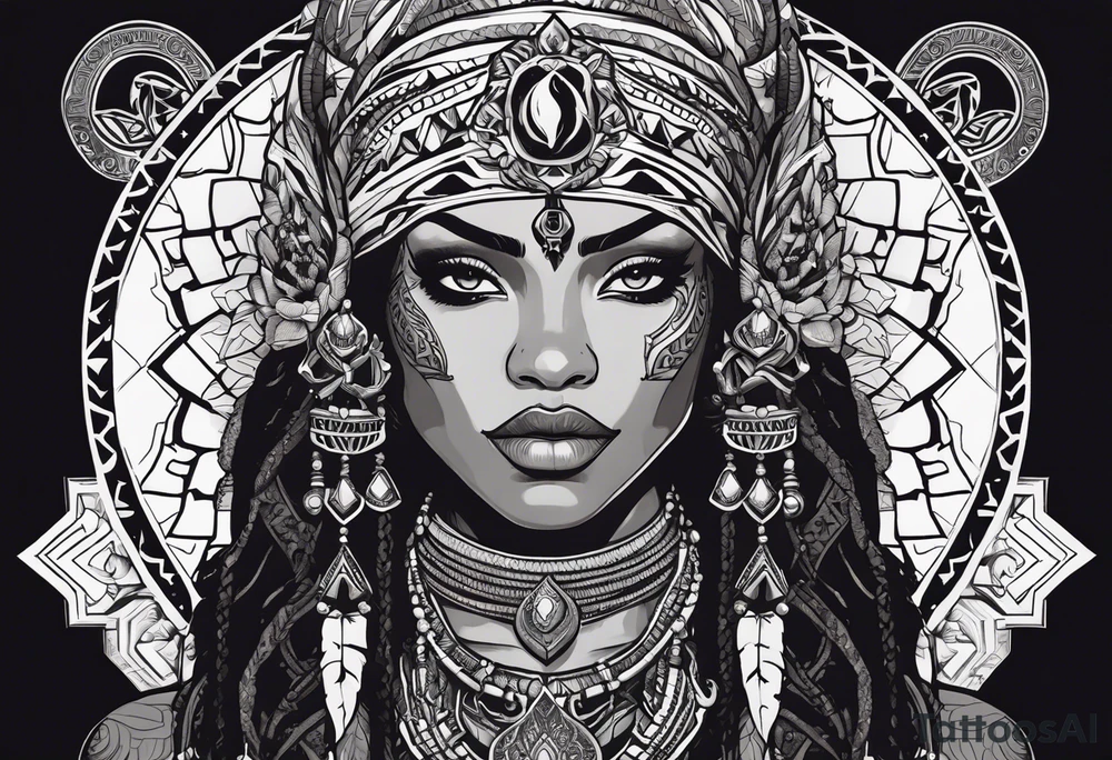 valkrye, kali, pirate, african goddess, , warrior, native american, lotus, zenza resonance, skulls, dragon, pachamama, left side face, chest, right wing, tattoo idea