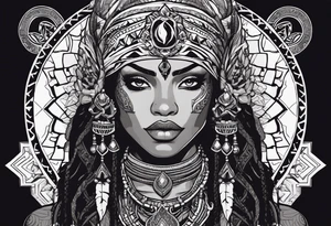 valkrye, kali, pirate, african goddess, , warrior, native american, lotus, zenza resonance, skulls, dragon, pachamama, left side face, chest, right wing, tattoo idea