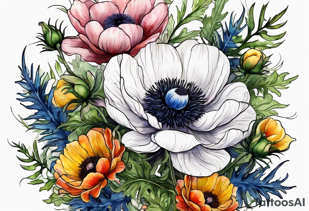 a white anemone with black center with blue thistles, green ferns, ranuculus, yellow sun flowers, red flowers, pink flowers, orange flowers, yellow flowers in watercolor tattoo idea